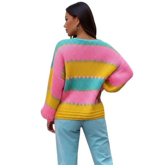 Colorblock Knit Cardigan Open Front Puff Sleeves Large - Picture 3 of 7